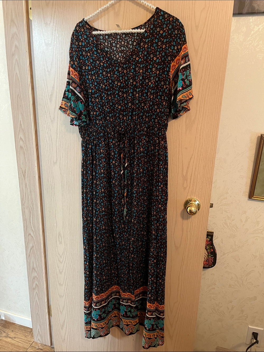 Boho Floral Black Maxi Dress with Teal & Rust Border